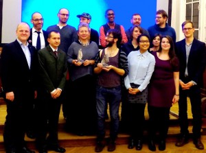 14.11.2014: Award ceremony in Paris, with Laureates Professor Monika Płatek (2st row, 3rd from left.) and members of www.projet17mai.com, also Yohann Rroszewitch, Präsident von SOS-Homophobie (1st row, 1st from left), Paweł Kurczak, member of the board Lambda Warsawa (2nd row, 2nd from left), and Bastian Finke, director of MANEO (left).
